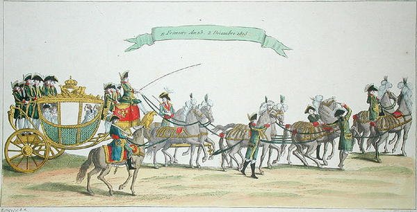 Napoleon Bonaparte op weg naar Notre Dame voor zijn kroning, 2 december 1804 door French School