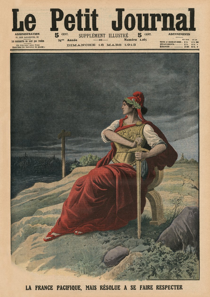 Niet alleen is Frankrijk pacifistisch maar vastbesloten om gerespecteerd te worden, voorpagina illustratie uit 