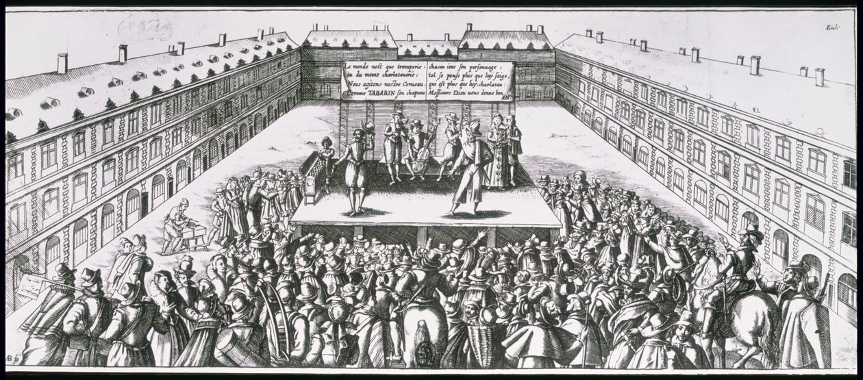Buitentheater met Antoine Firard (1584-1633), bekend als Tabarin, op het podium door French School