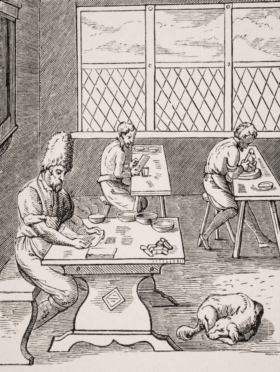 Spelden- en Naaldenmaker, reproductie van een houtsnede door Jost Amman (1539-91) uit 