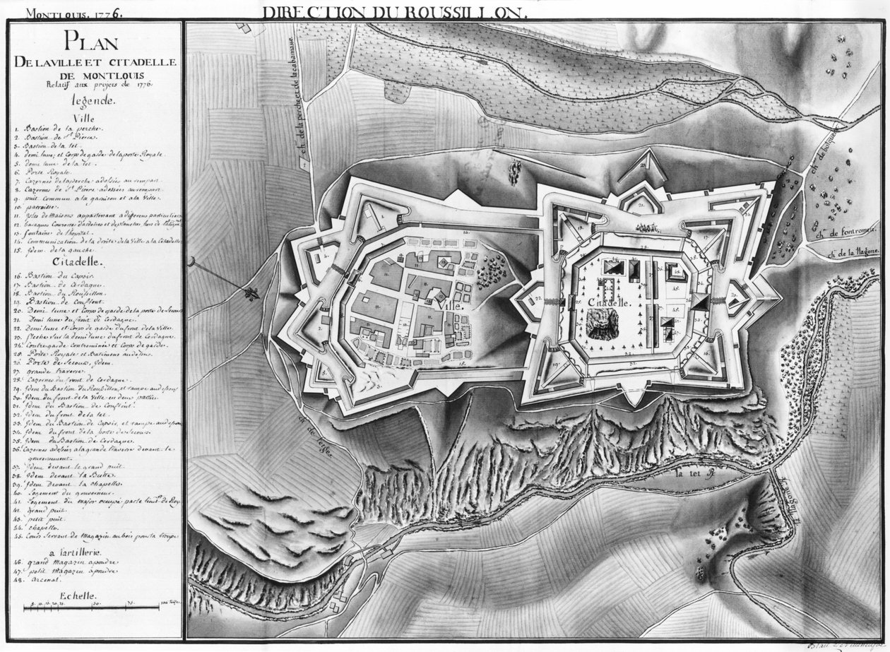 Plan en kaart van de stad en citadel van Mont-Louis, 1776 door French School