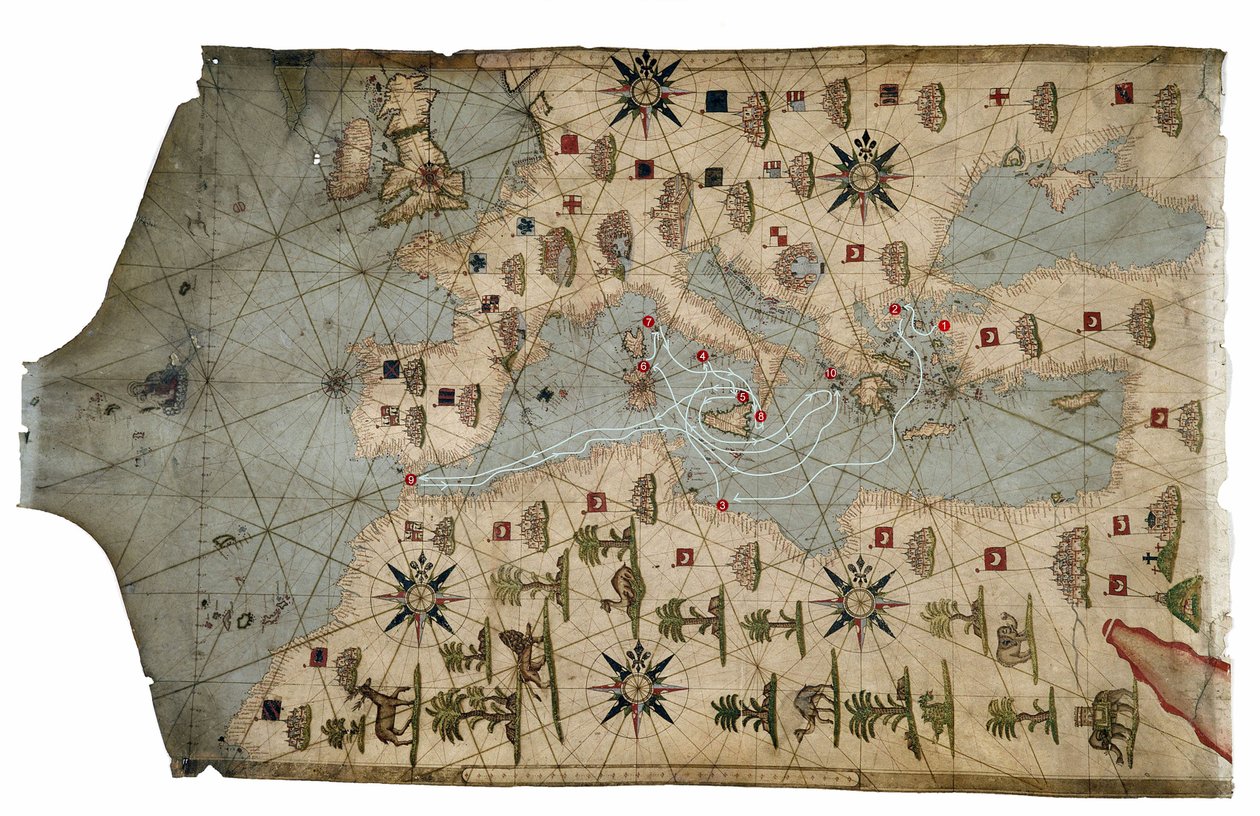 Portolaan kaart van de Middellandse Zeekust, die de verschillende stadia van de Reis van Odysseus uit Homeros