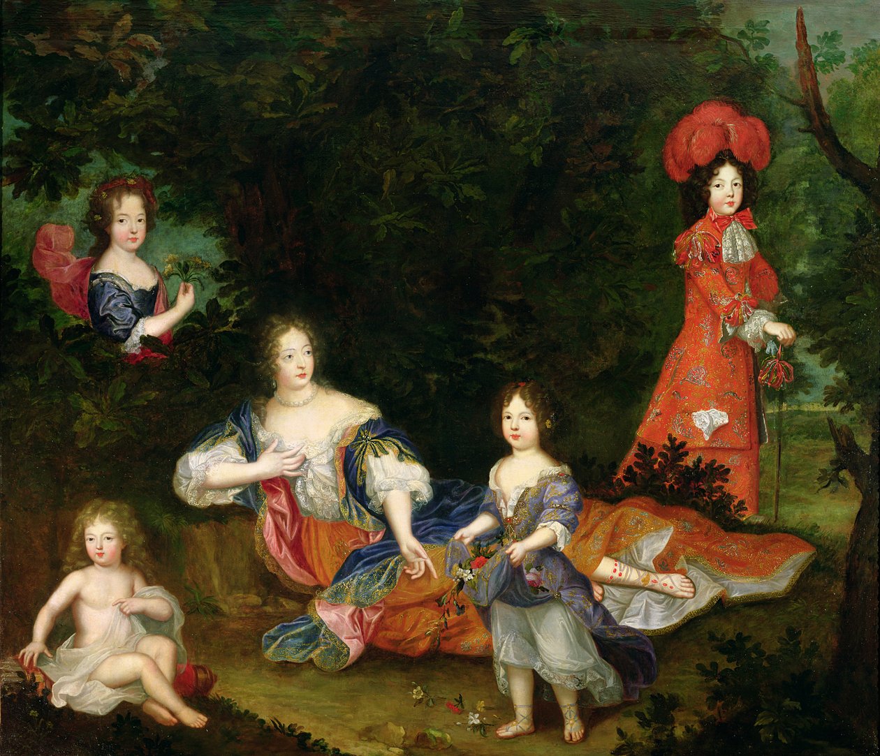 Portret van Francoise-Athenais de Rochechouart-Mortemart (1641-1707) Markiezin de Montespan, omringd door haar gewettigde kinderen door French School