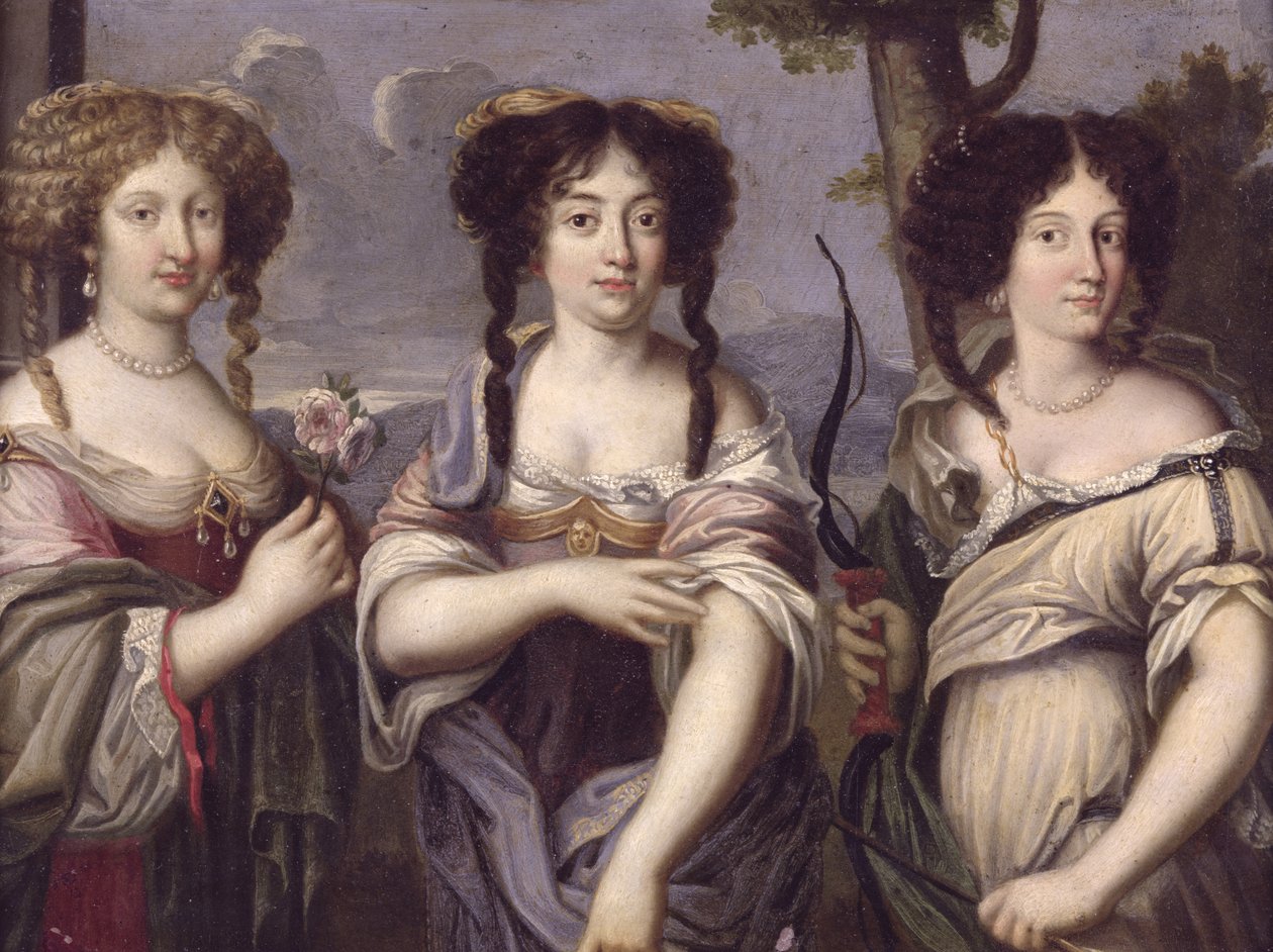 Portret van drie nichten van kardinaal Mazarin afgebeeld als godinnen, Venus, Juno en Diana door French School