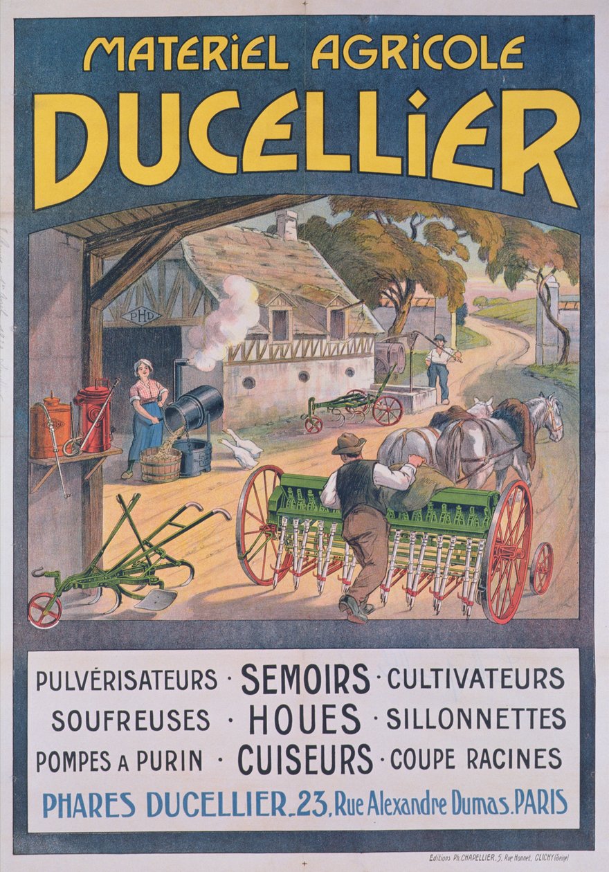 Poster die Ducellier landbouwapparatuur adverteert, 1920 door French School