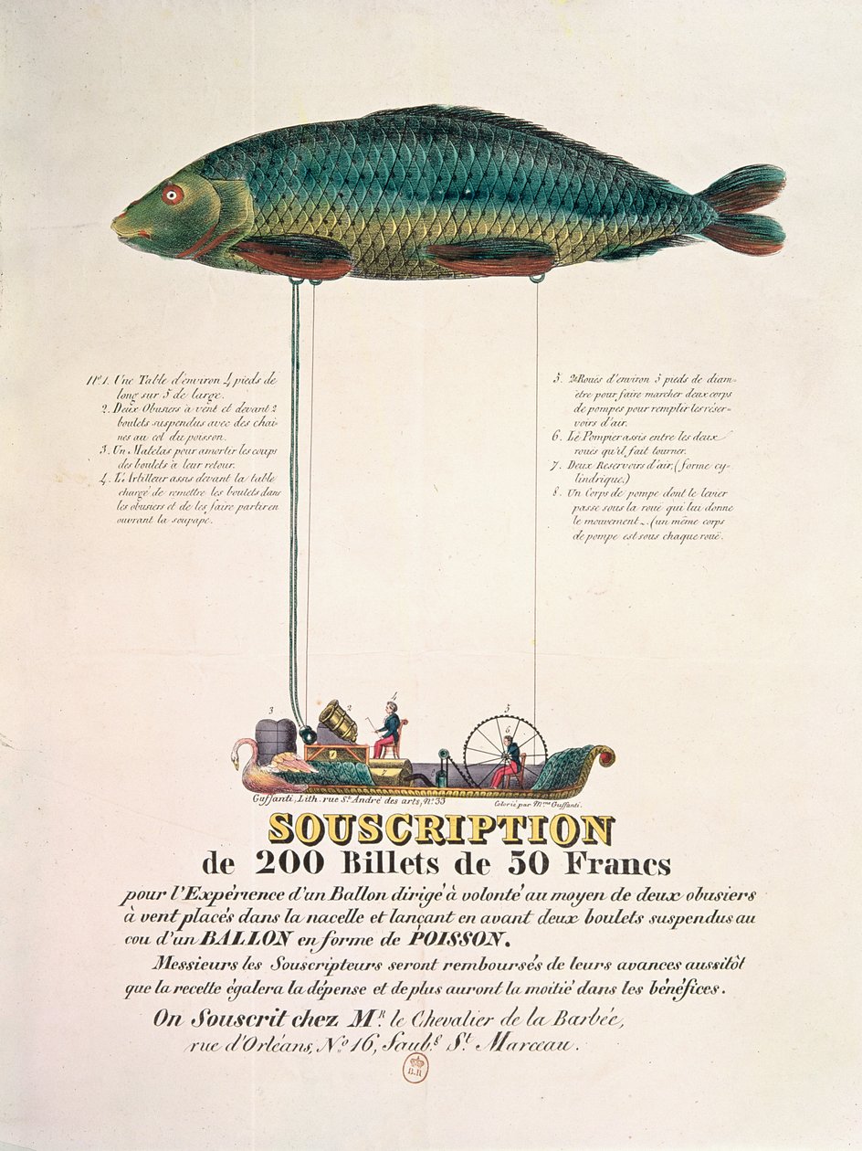 Poster die het abonnement voor een luchtschip in de vorm van een vis adverteert door French School