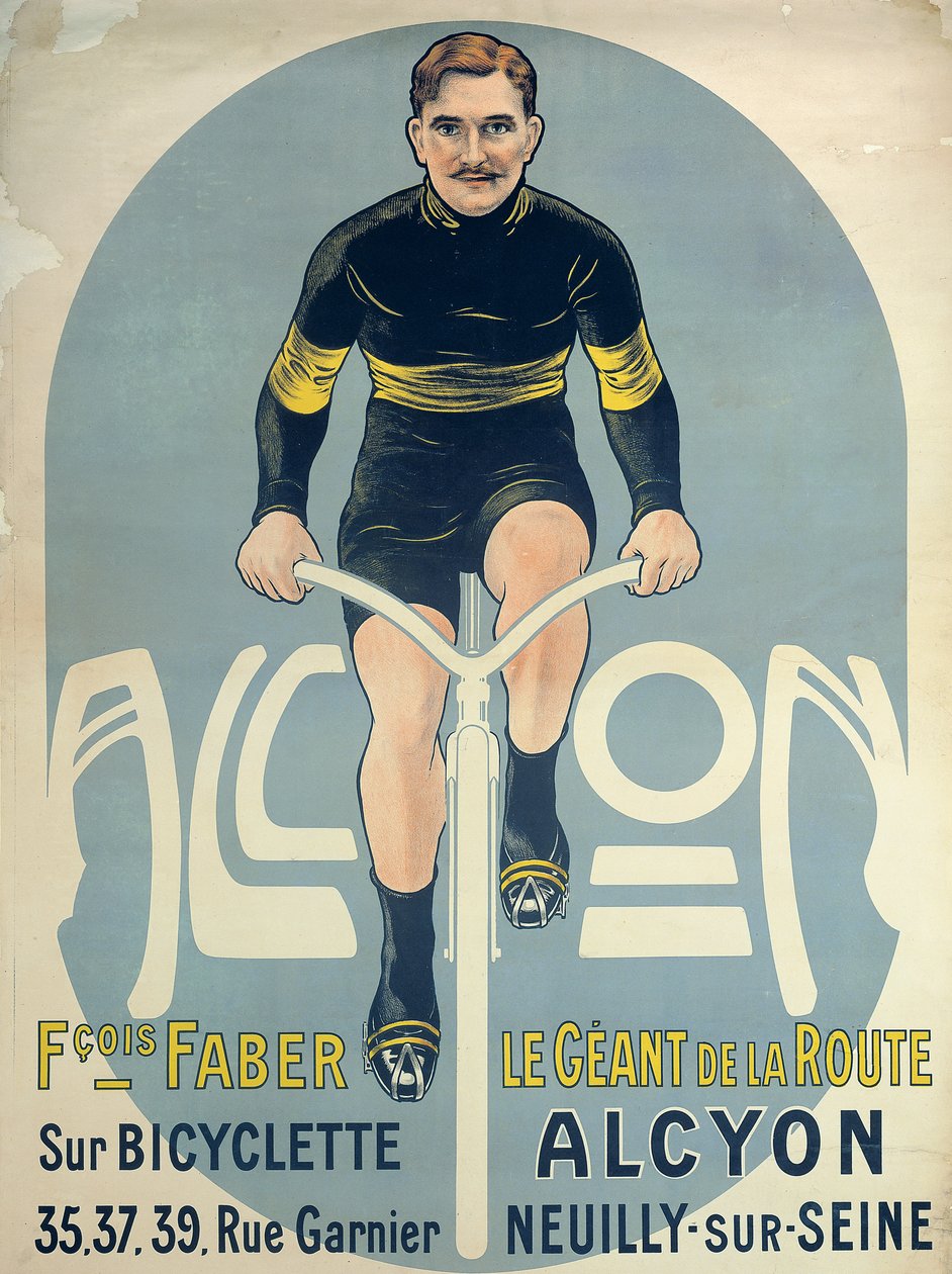 Poster met Francois Faber (d.1915) op zijn Alcyon fiets door French School