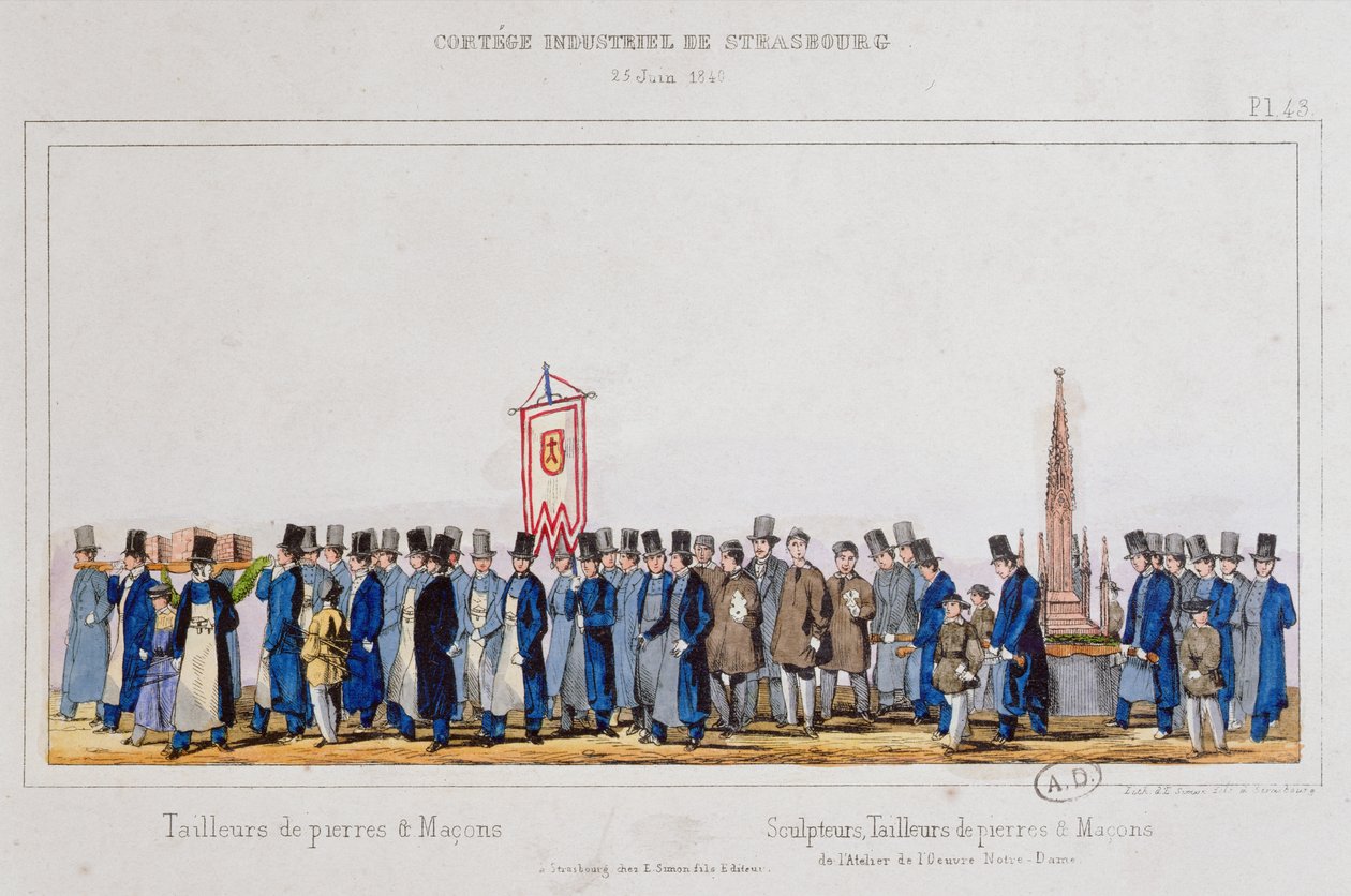 Processie van de steenbewerkers en metselaars in Straatsburg, 25 juni 1840 door French School