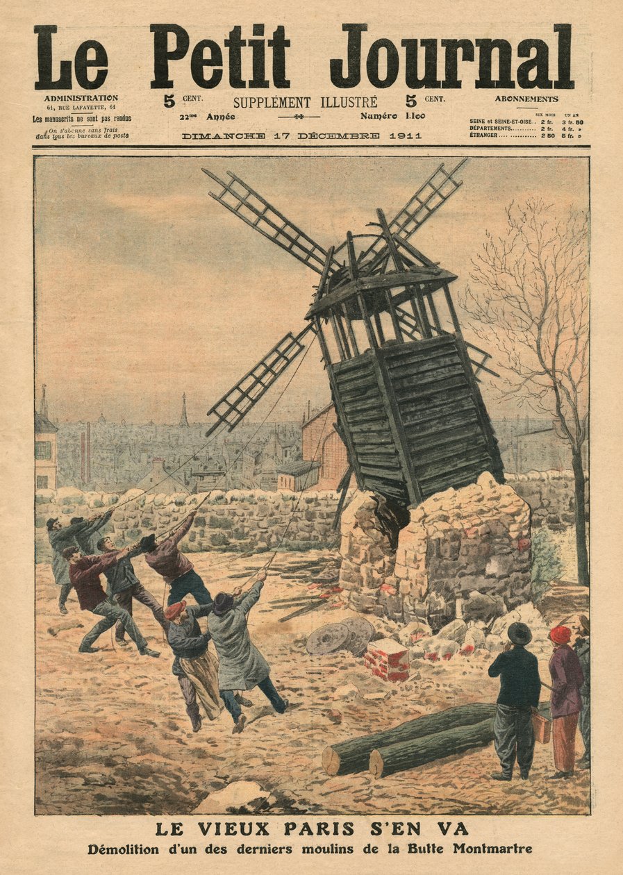 Het afbreken van een van de laatste windmolens op de Butte Montmartre, illustratie uit 