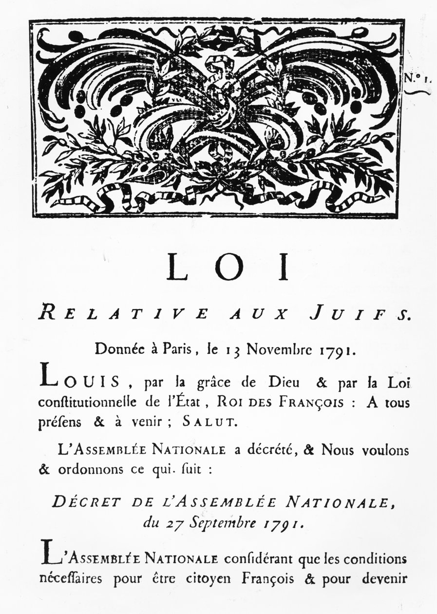 Koninklijk Besluit van emancipatie voor alle Joden in Frankrijk, bij Besluit van de Nationale Vergadering, 27 september 1791 (facsimile) door French School