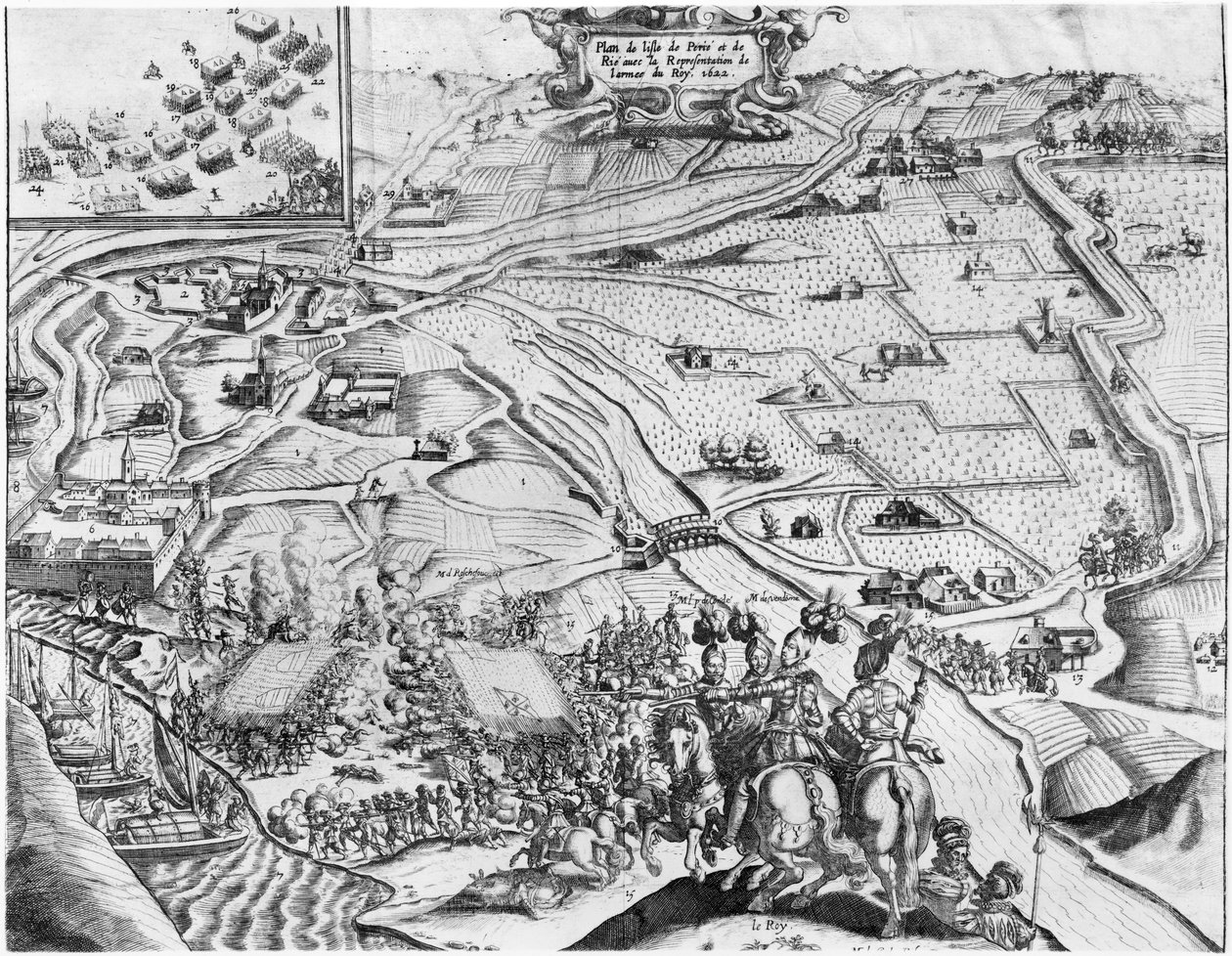 Belegering van Ile de Re met de voorstelling van het koninklijk leger, 1622 door French School