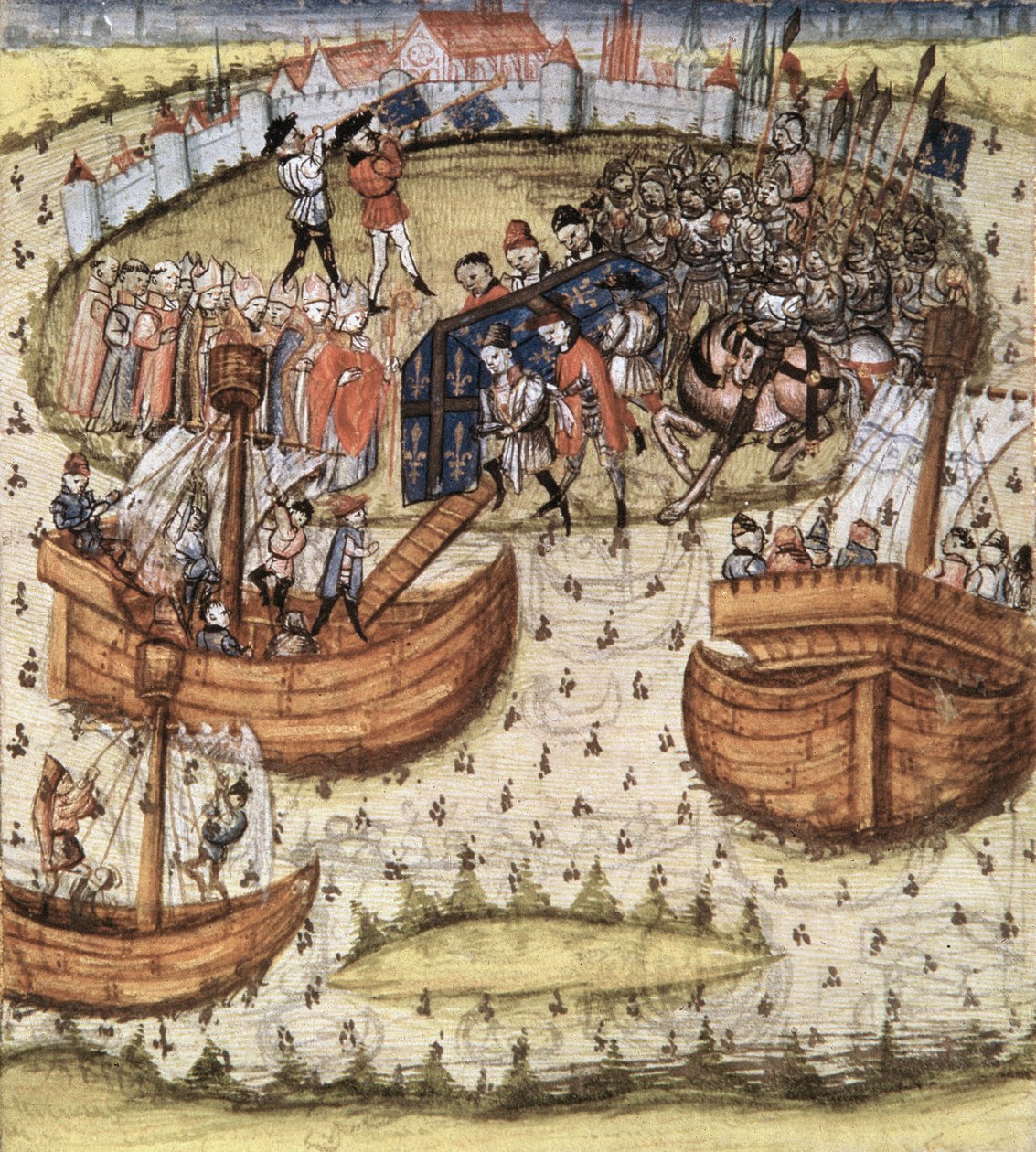 De kruisvaarders laden de kist van St. Louis aan boord in Tunis in 1270, uit de Grandes Chroniques de France, 1450 door French School