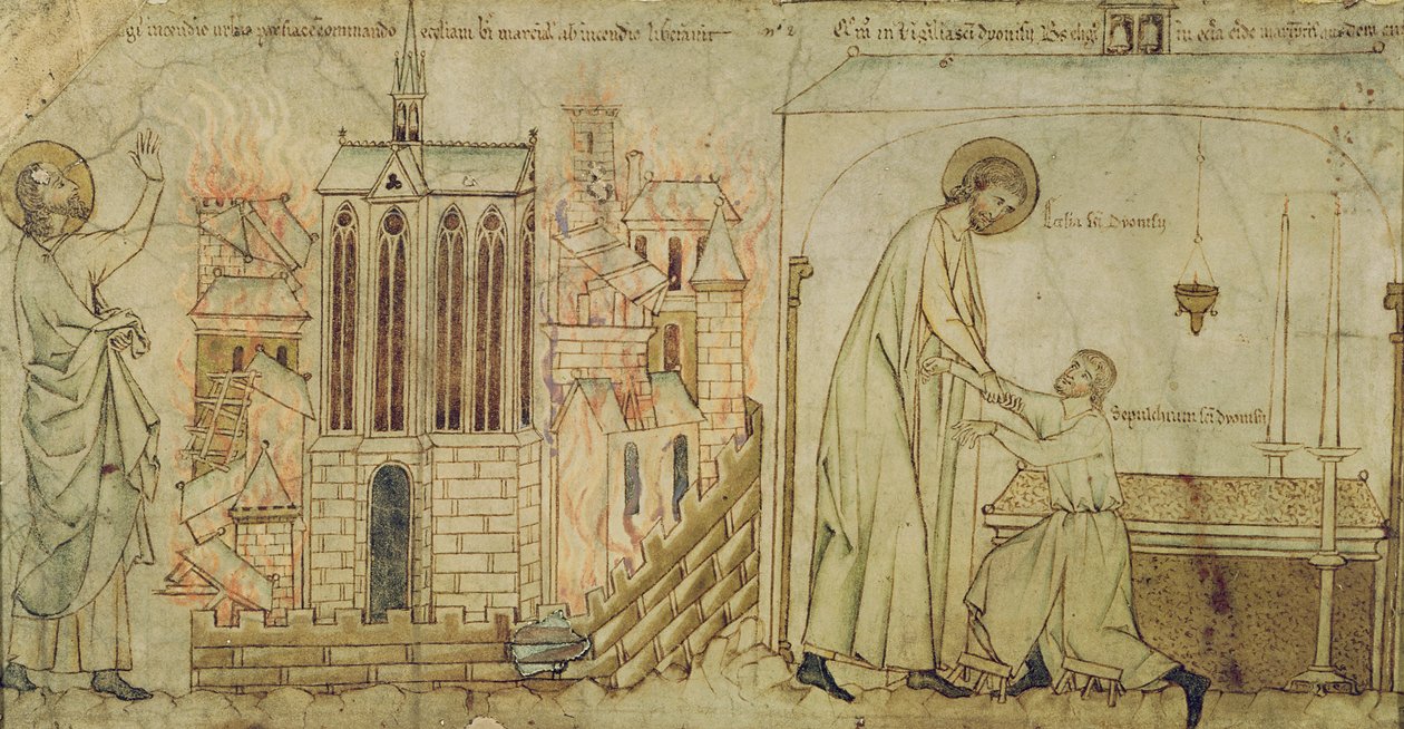 St. Eligius redt de Kerk van St. Martial van brand en geneest een kreupele man in de Kerk van St. Denis, uit 
