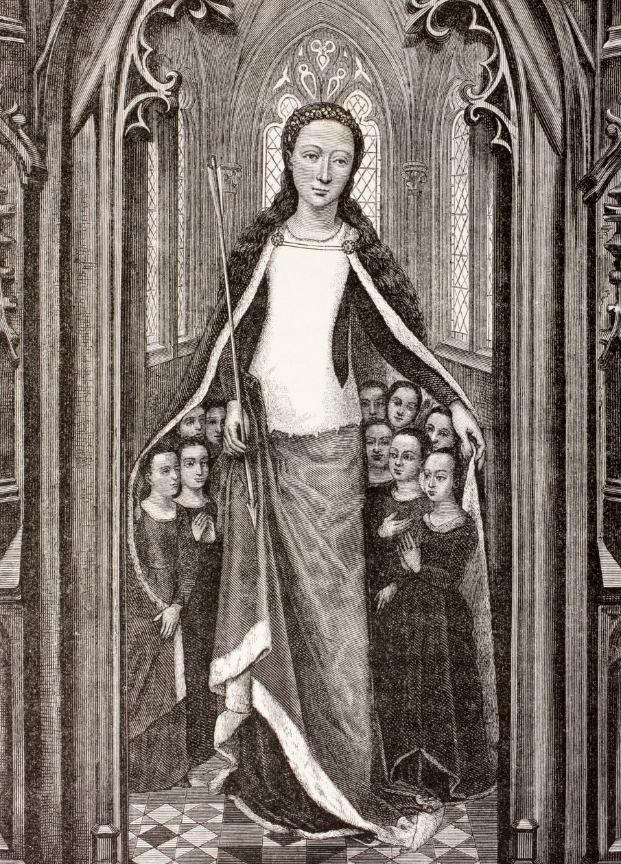 St. Ursula met een pijl, het symbool van haar martelaarschap, en beschermt maagden onder haar mantel, uit 