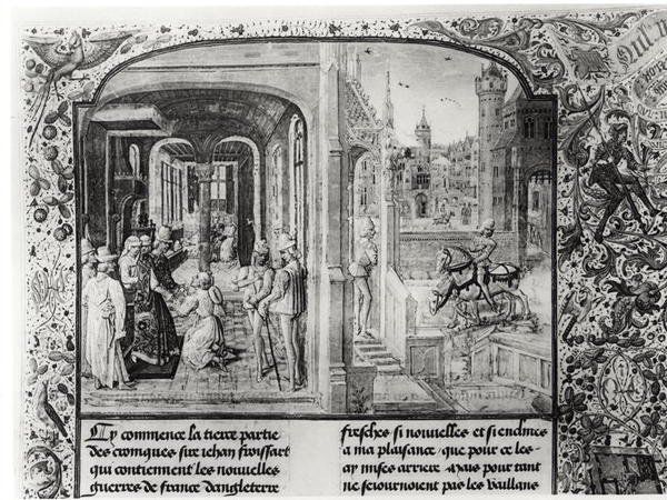 T.III fol.1 Froissart ontvangen in Orthez door Graaf Gaston de Foix, aan wie hij de brief van Guy de Blois geeft, uit Froissarts Kroniek door French School