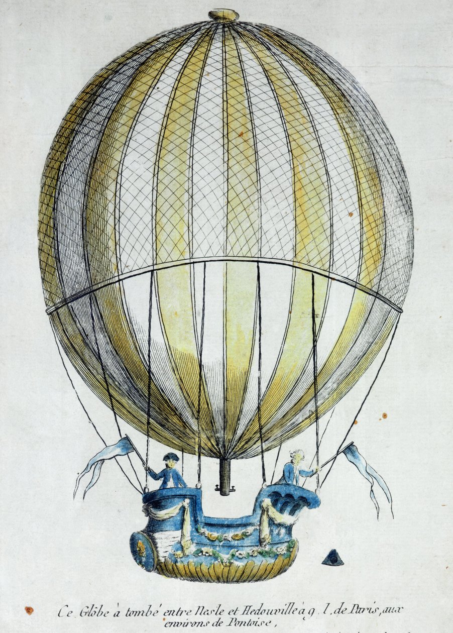 De ballon van Jacques Charles en Nicholas Robert gebruikt in hun vlucht vanuit de Jardin des Tuileries, 1 december 1783 door French School