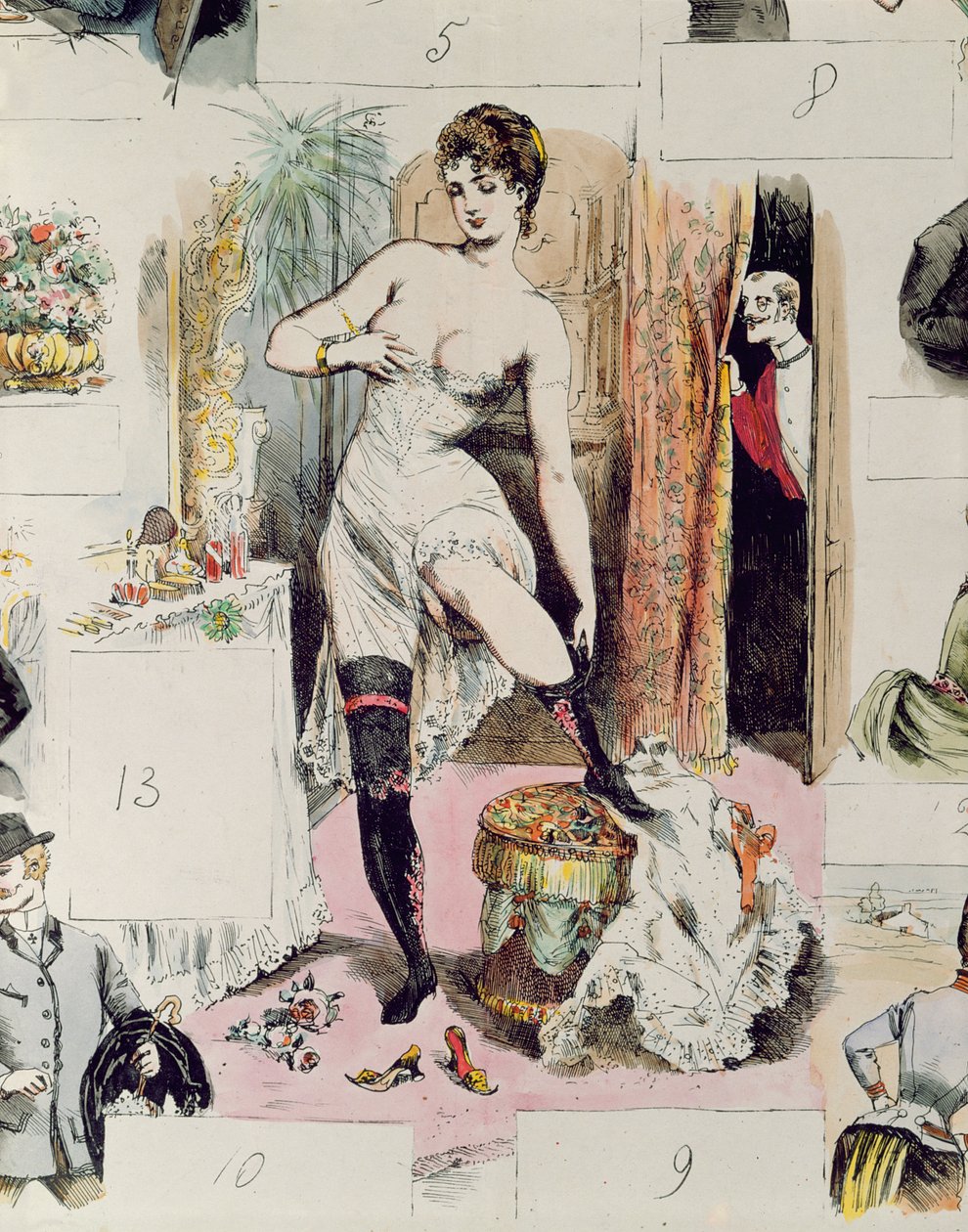 Het Korset, illustratie uit La Vie Parisienne, c.1875 (kleurgravure) door French School