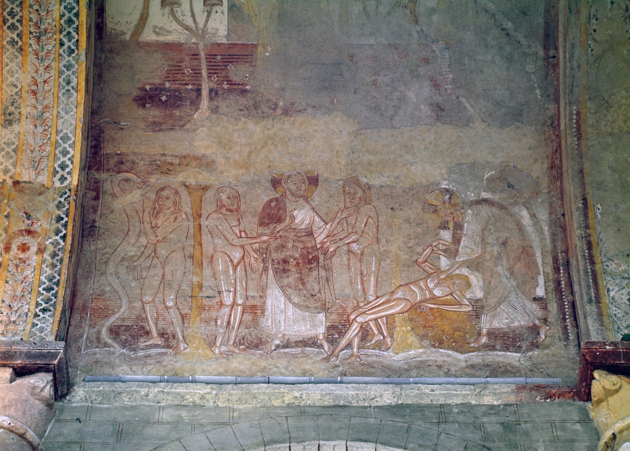 De Schepping van de Vrouw en Eva en de Slang, detail van het gewelf van het schip, c.1100 door French School