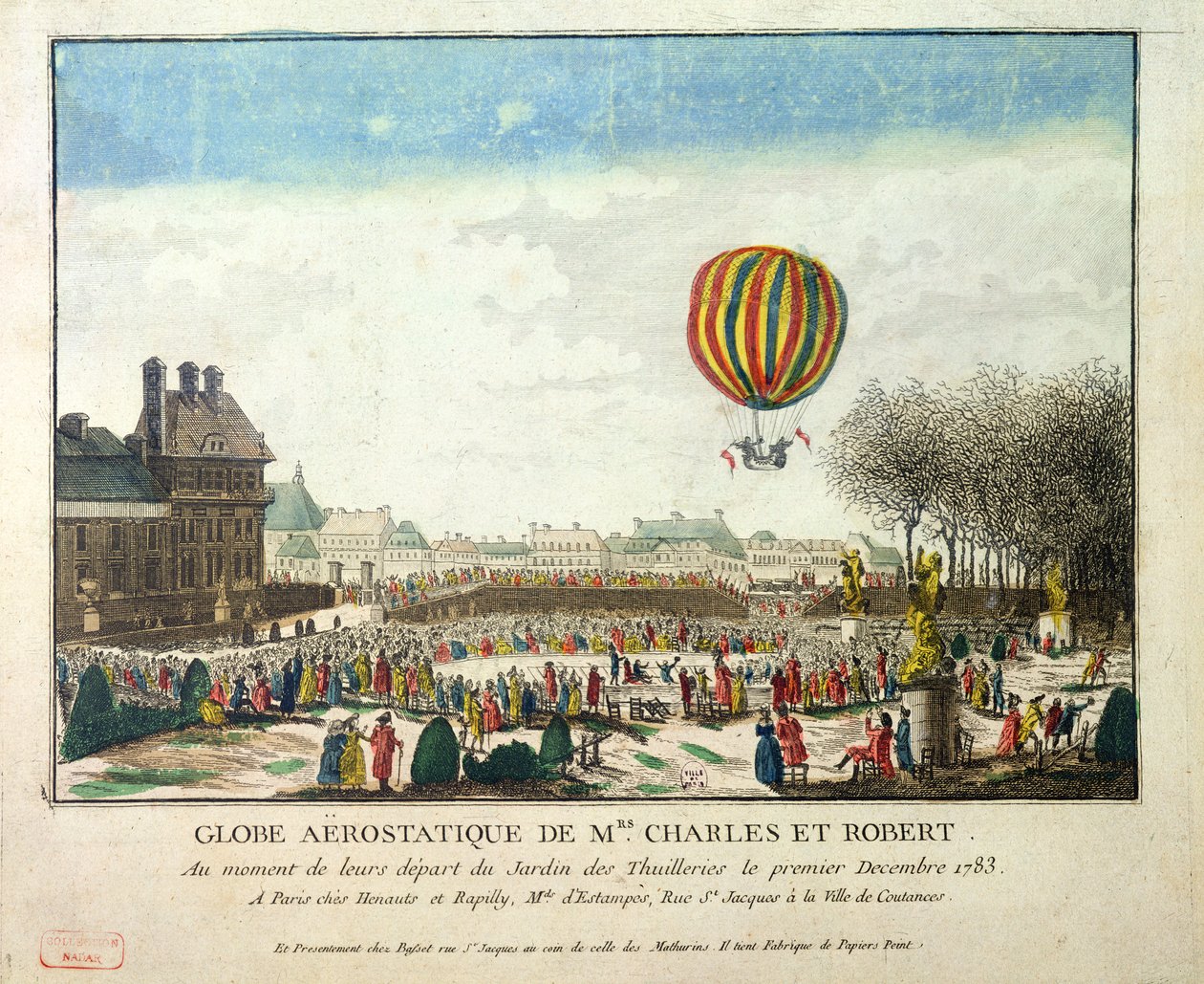 De vlucht van Jacques Charles (1746-1823) en Nicholas Robert (1761-1828) uit de Jardin des Tuileries, 1 december 1783 door French School