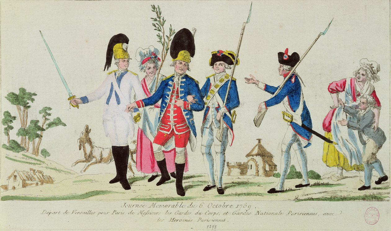 De Gedenkwaardige Dag van 6 oktober 1789, vertrek uit Versailles naar Parijs: de Gardes du Corps, de Parijse Nationale Garde en Parijse heldinnen door French School