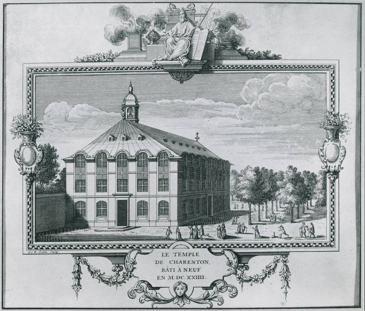 De Tempel van Charenton, herbouwd in 1624, gegraveerd door Gerard Jean Baptiste Scotin (1671-1716) door French School
