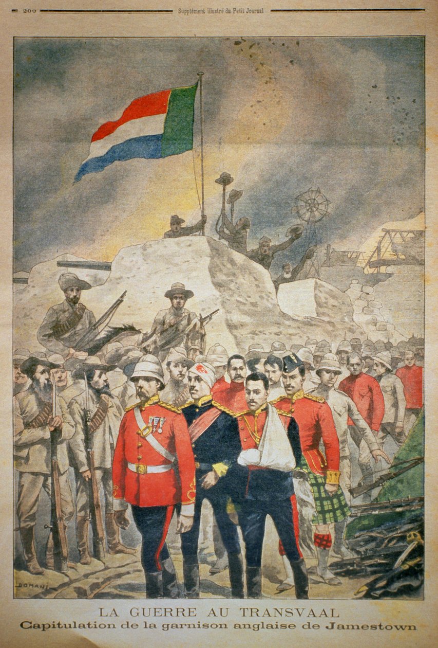 De Oorlog in Transvaal: de Overgave van het Engelse Garnizoen in Jamestown, illustratie uit Le Petit Journal, december 1899 door French School
