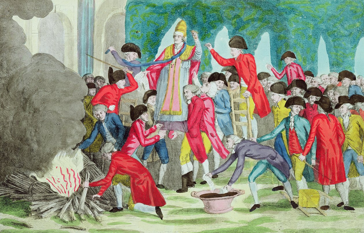 De verbranding van de beeltenis van paus Pius VI in de tuin van het Palais Royal, 6 april 1791 door French School