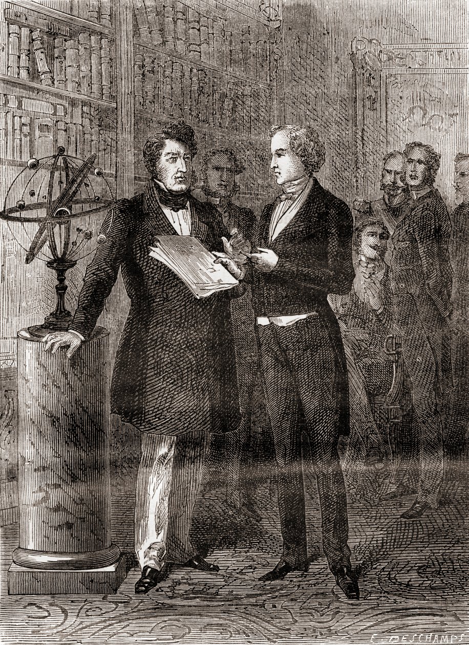 Urbain Jean Joseph Le Verrier, rechts, ontvangen door Koning Louis-Philippe, links, in De Tuillerieën, Parijs, Frankrijk, na zijn ontdekking van de planeet Neptunus in 1846, uit Les Merveilles de la Science, gepubliceerd door French School