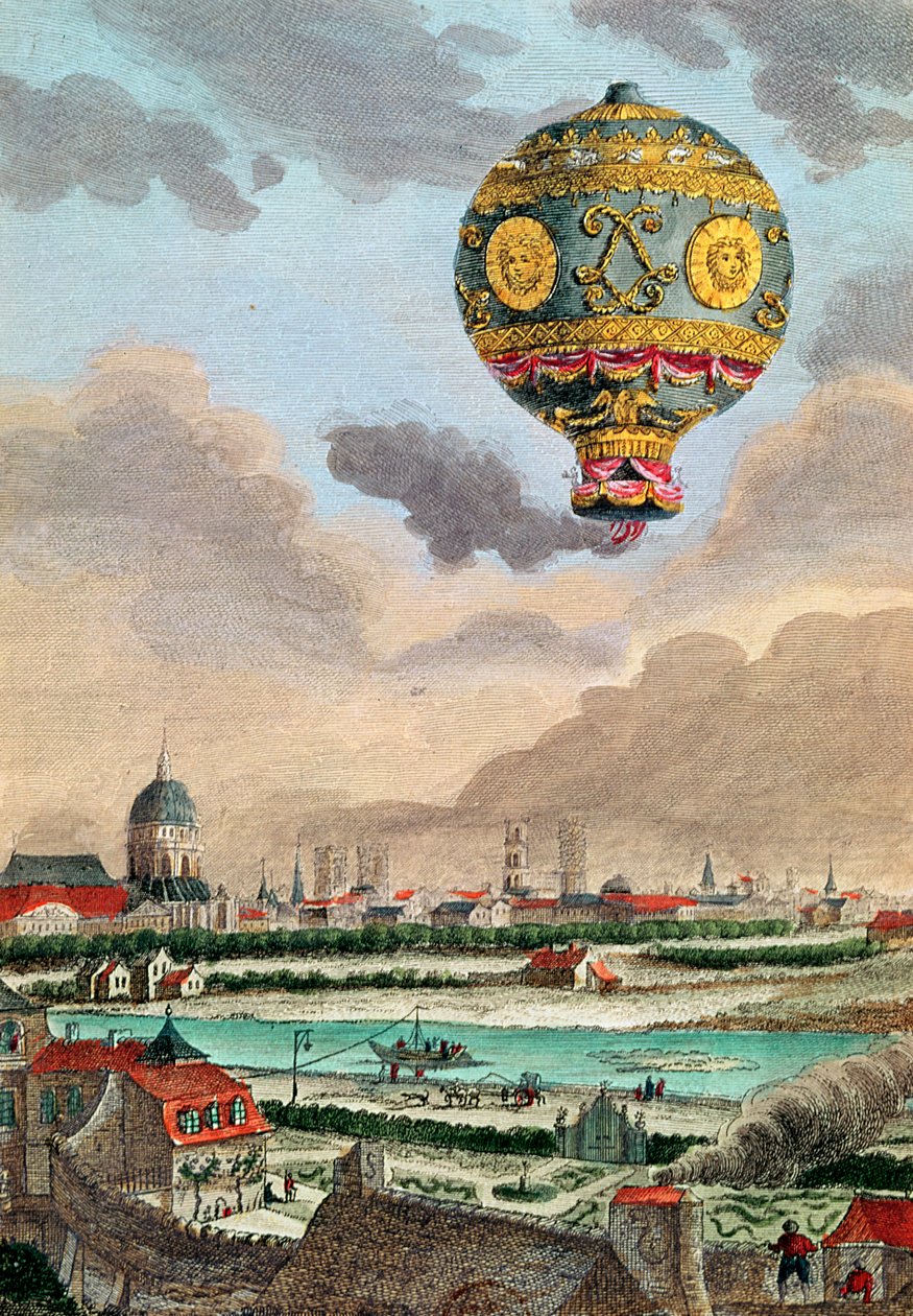 Uitzicht vanaf het terras van Monsieur Franklin in Passy van de eerste vlucht onder leiding van Monsieur de Montgolfier, 21 november 1783 door French School