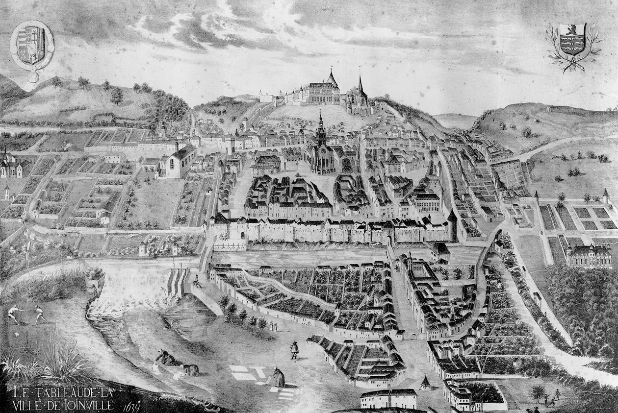 Uitzicht op het kasteel en de stad Joinville, uit een schilderij van 1639 door French School