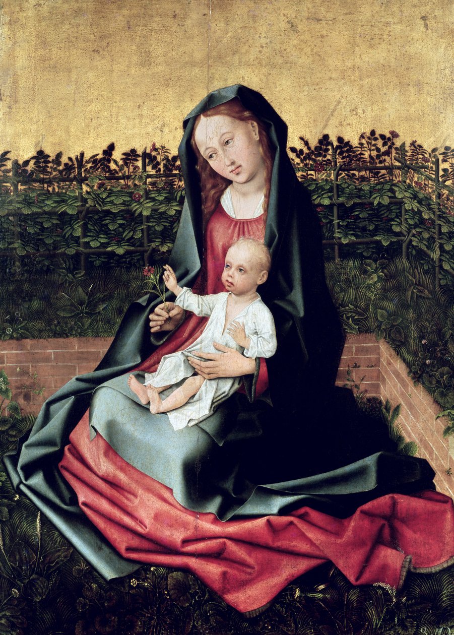 Maagd en Kind in de kleine tuin of, Maagd met een rozenprieel, c.1470-72 door French School