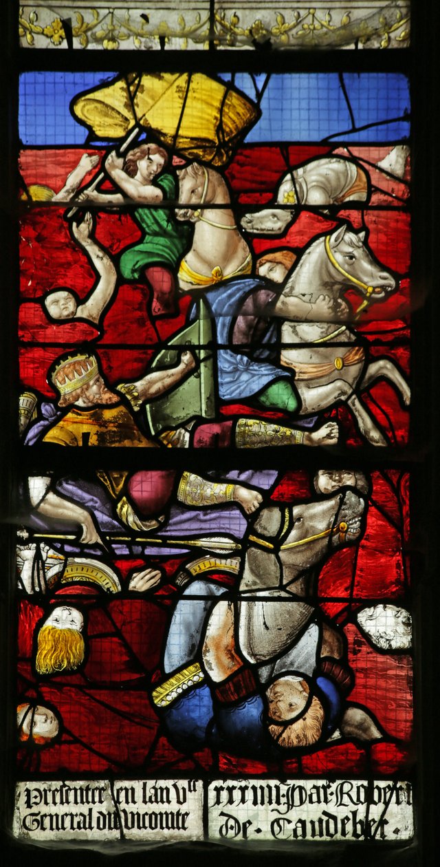 Raam met de Israëlieten die de Rode Zee oversteken; het leger van de farao verdrinkt, (detail), 1534 door French School
