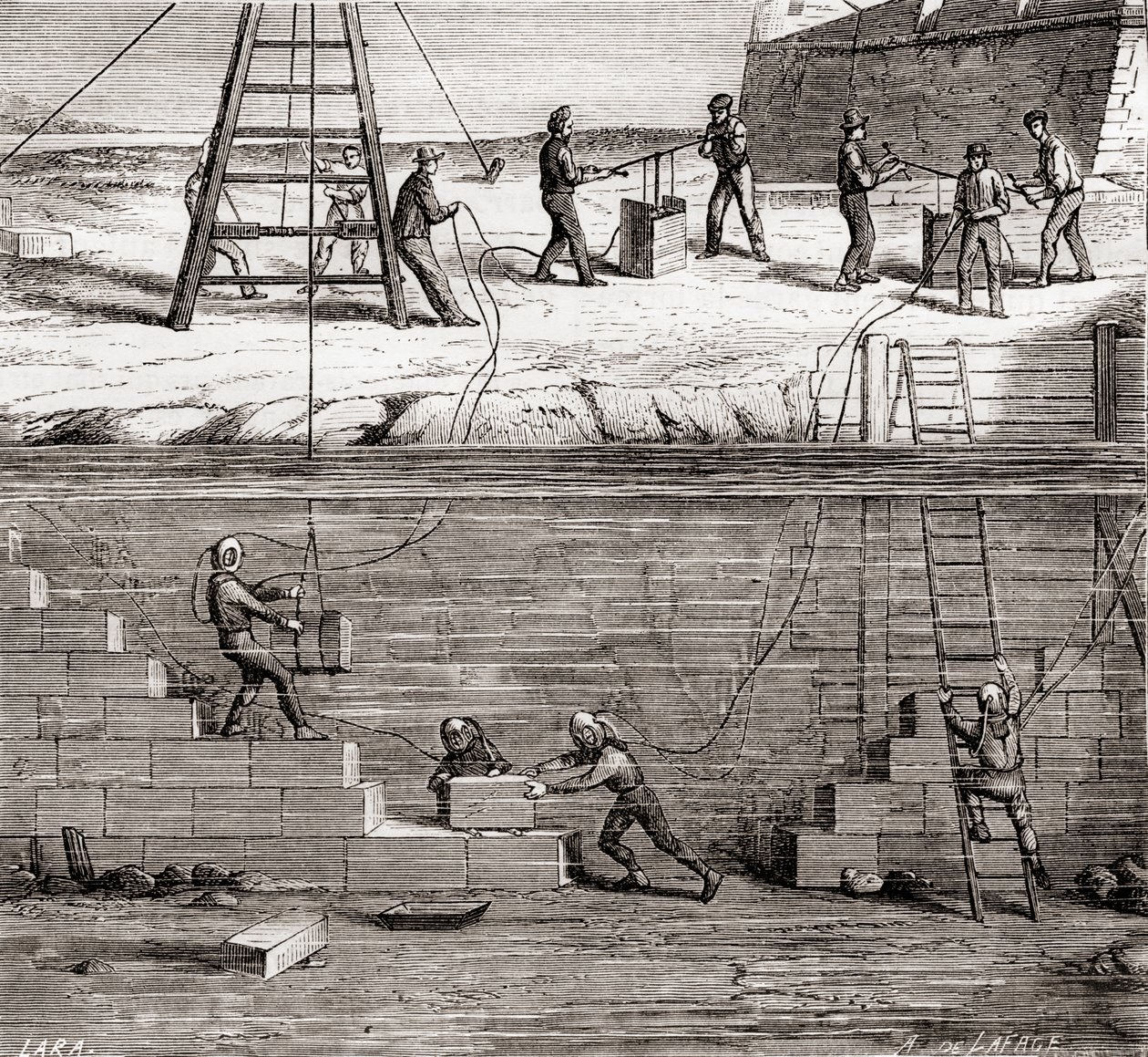 Werkers in duikpakken werken aan onderwaterconstructies in de 19e eeuw, uit Les Merveilles de la Science, gepubliceerd c.1870 door French School