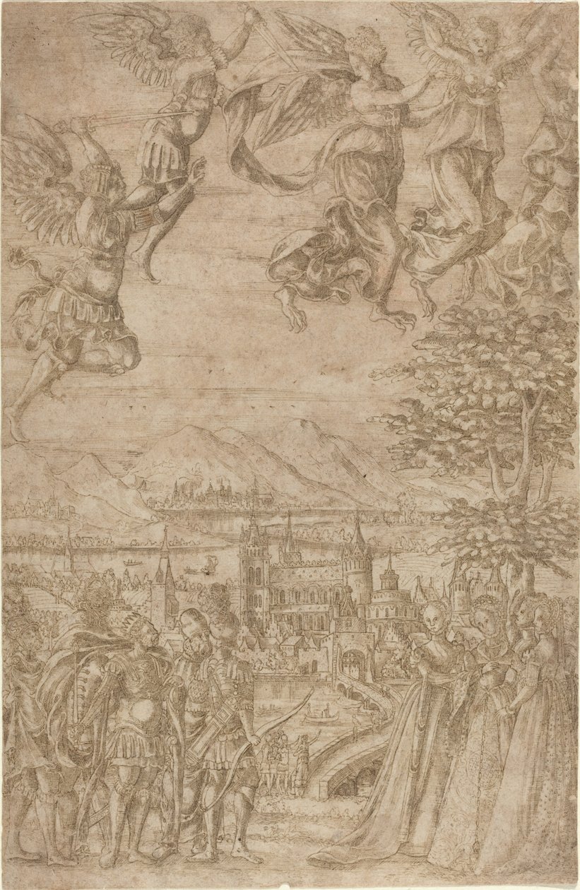 Een Koning en Zijn Gevolg Confronteren Dames onder een Hemelse Strijd door French 17th Century