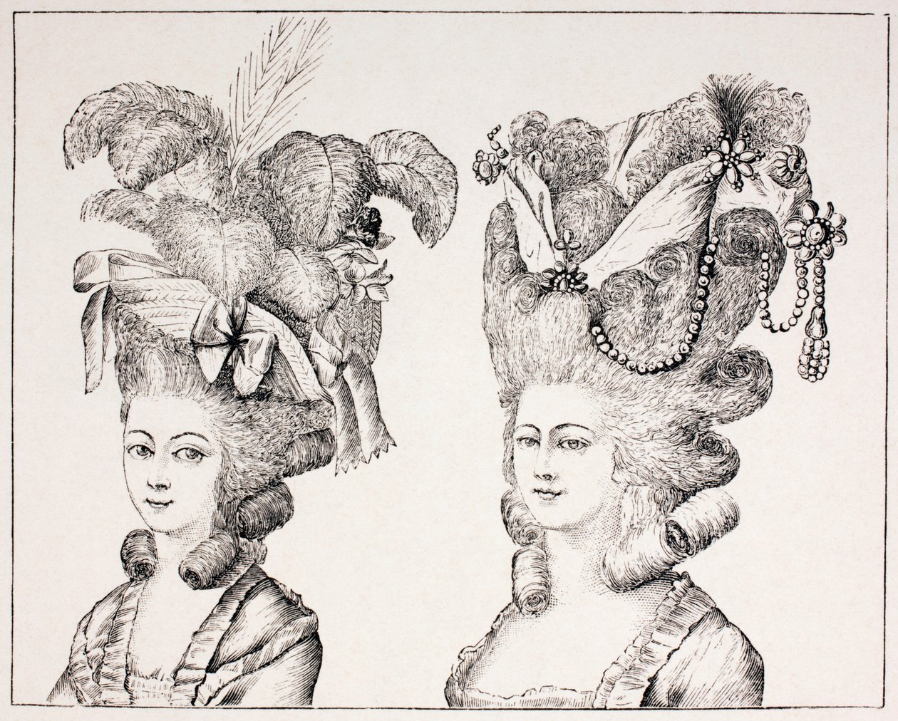 18e-eeuwse Franse meisjes met extravagante kapsels en hoeden, 1875 door French School