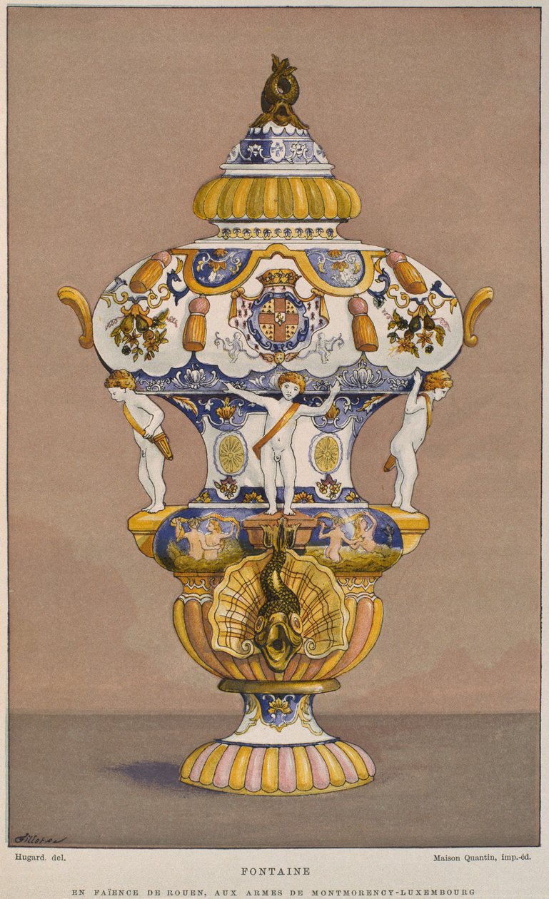 18e-eeuwse faience fontein met het wapen van Montmorency Luxembourg, vervaardigd in Rouen, illustratie uit het Dictionnaire de l