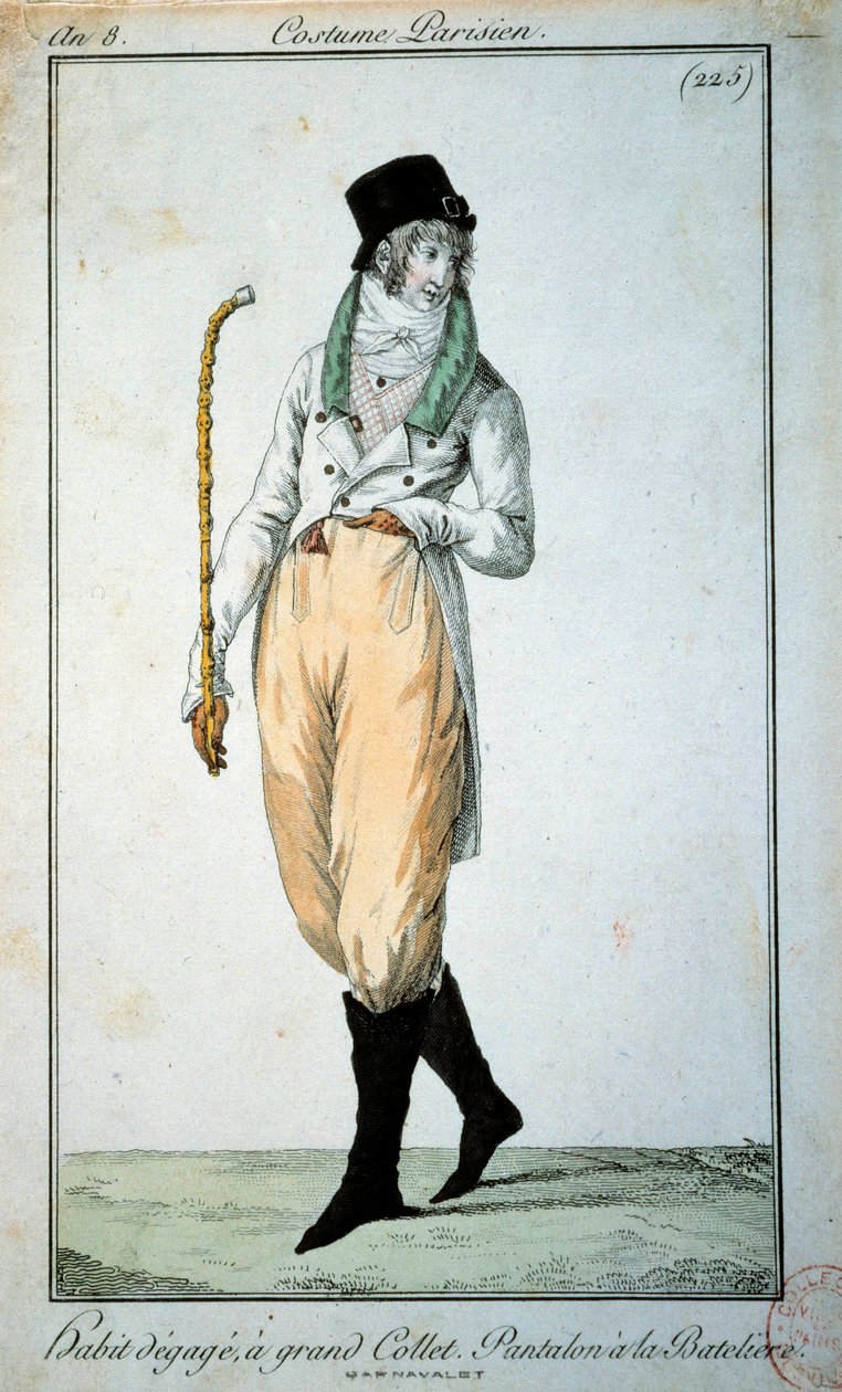 18e-eeuwse mode: Parijse pak met grote kraag, broek met boten. Parijs, Musee du Costume door French School