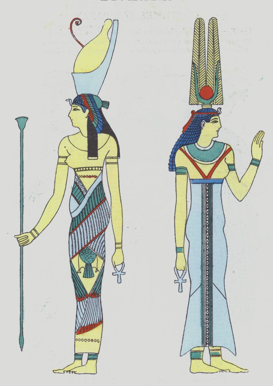 Afbeelding uit 1920 van godheden uit het oude Egypte (kleurenlitho) door French School