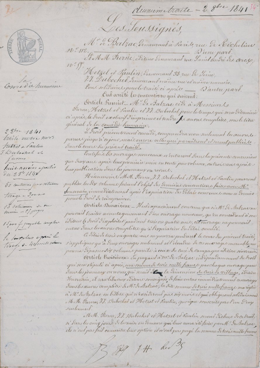 2e contractdocument met betrekking tot La Comedie Humaine tussen Honore de Balzac (1799-1850) en Hetzel, Paulin, Dubochet en uitgever Charles Furne, 2 oktober 1841 door French School