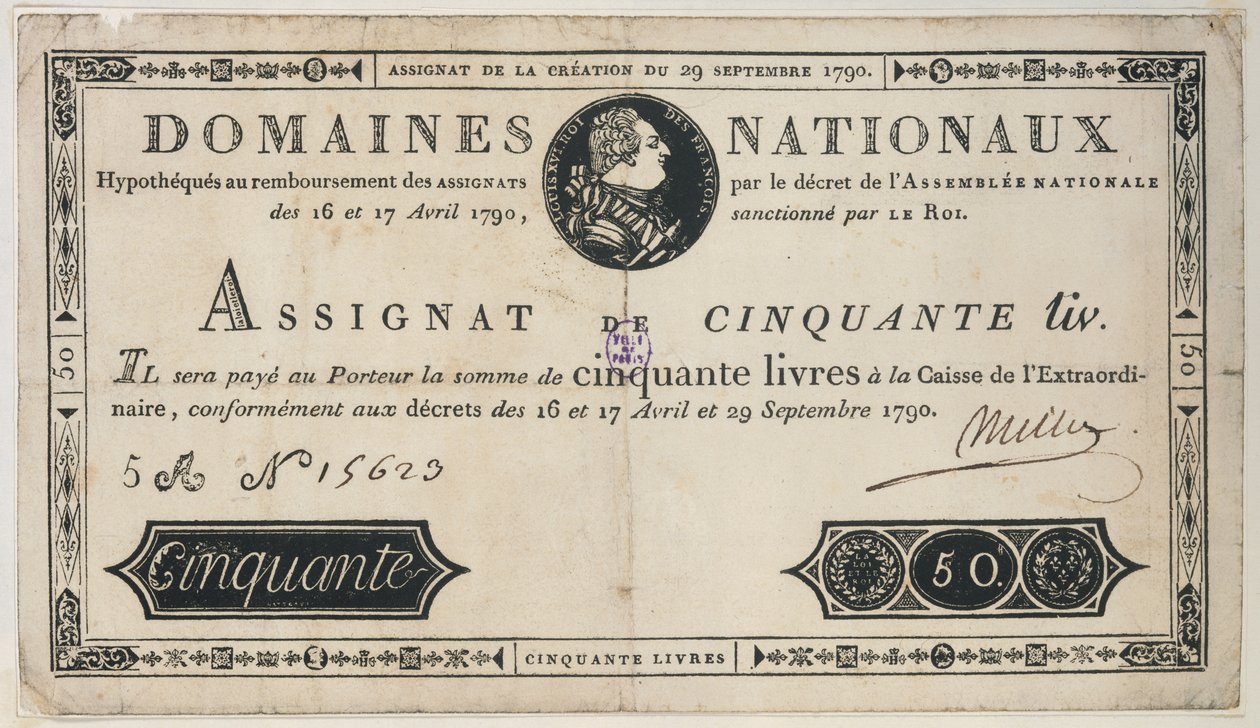 50 livres bankbiljet, 29 oktober 1790 door French School