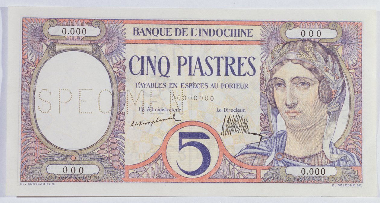 5 Piastres bankbiljet, van de Indo-China bank door French School