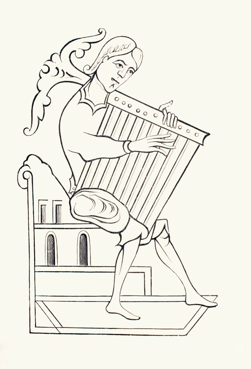 Een 9e-eeuwse muzikant die een muziekinstrument bespeelt, bekend als een psalterium, uit 