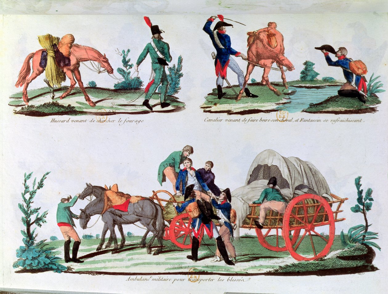 Een huzaar die voer draagt, een cavalerist en een infanterist die zijn dorst lest en een militaire ambulance (kleurgravure) door French School