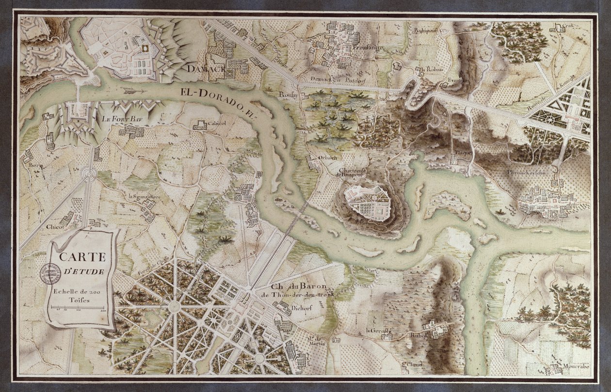 Een kaart geïnspireerd door Candide door Francois Voltaire (1694-1778) voor een wedstrijd georganiseerd door de Ecole Nationale des Ponts et Chaussees in Parijs, eind 18e eeuw door French School