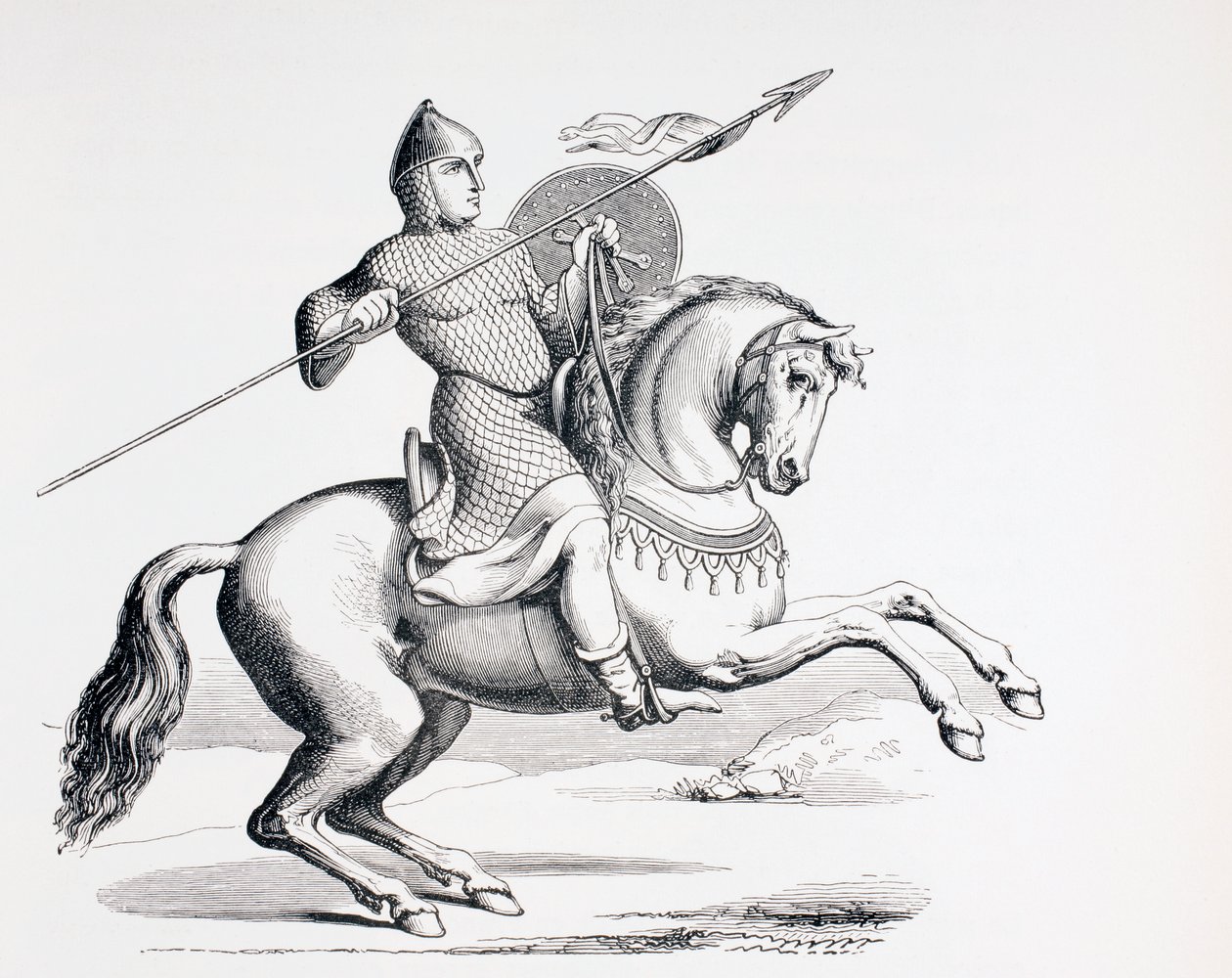 Een Normandische ridder gekleed in maliënkolder en helm met speer en schild door French School