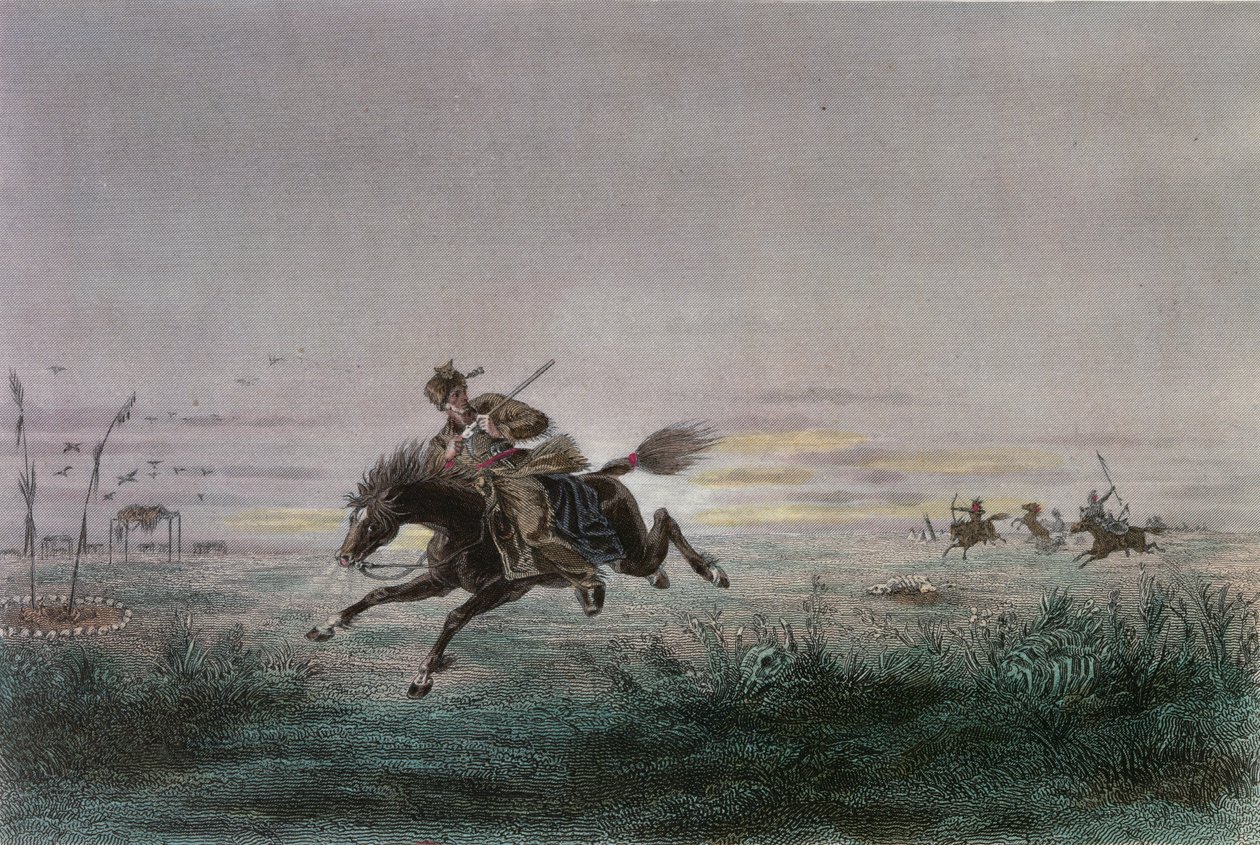 Een postbode van de Amerikaanse Pony Express aangevallen door indianen door French School