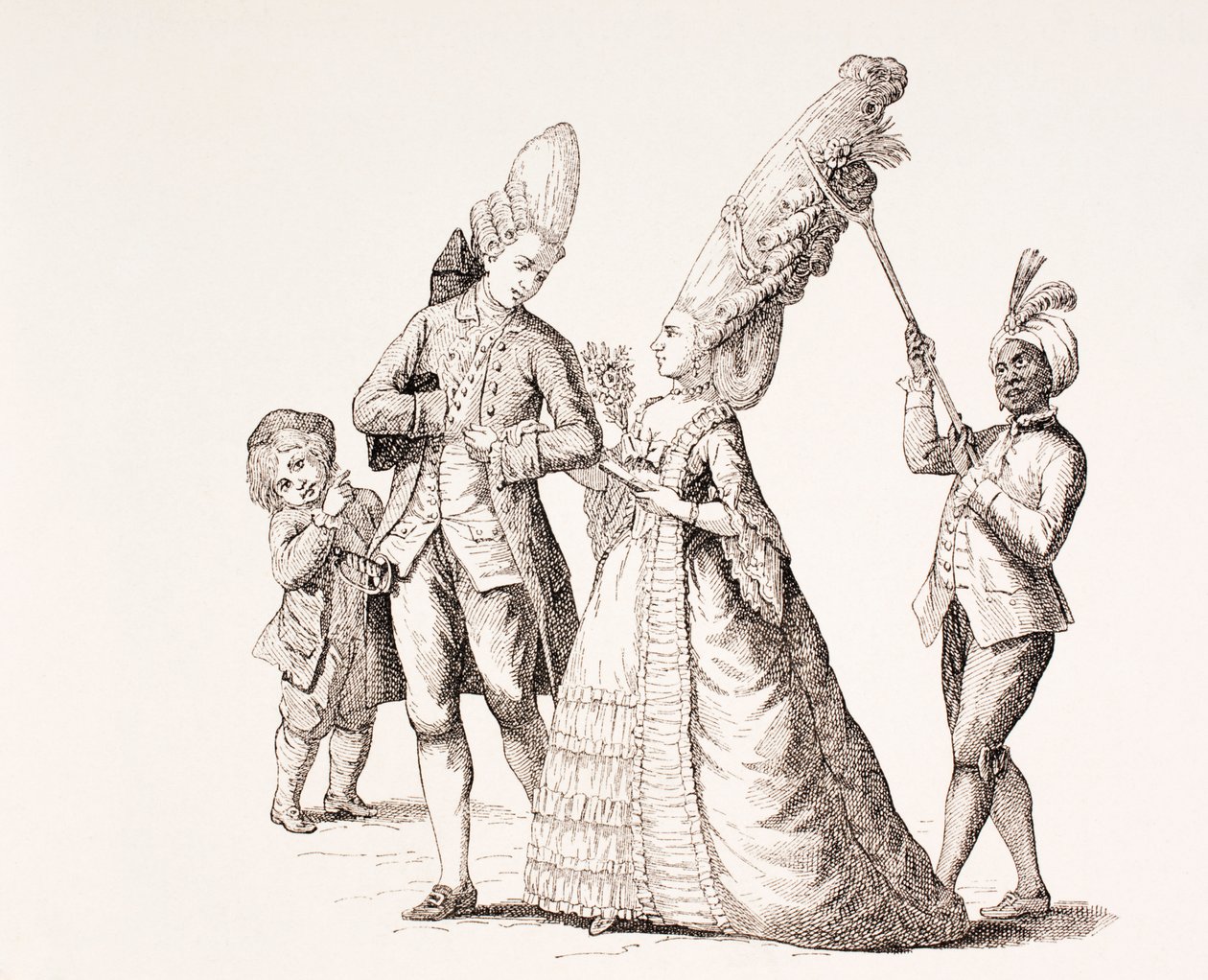 Een satire op de extreme kapsels van vrouwen in het 18e-eeuwse Parijs, 1875 door French School