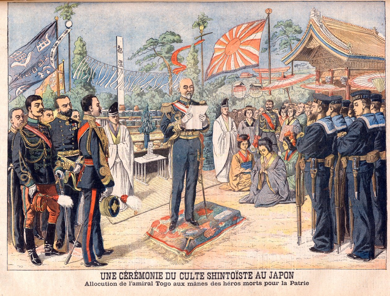 Een Shinto-ceremonie in Japan. Admiraal Togo spreekt de geesten toe van Japanse helden die zijn gesneuveld in de Russisch-Japanse Oorlog. Een ceremonie van Shinto-aanbidding in Japan. Toespraak door admiraal Togo door French School