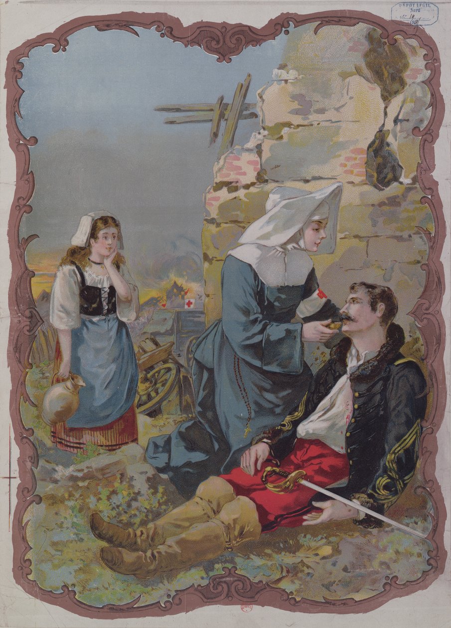 Een zuster helpt een gewonde soldaat tijdens de oorlog van 1870, 1895 door French School