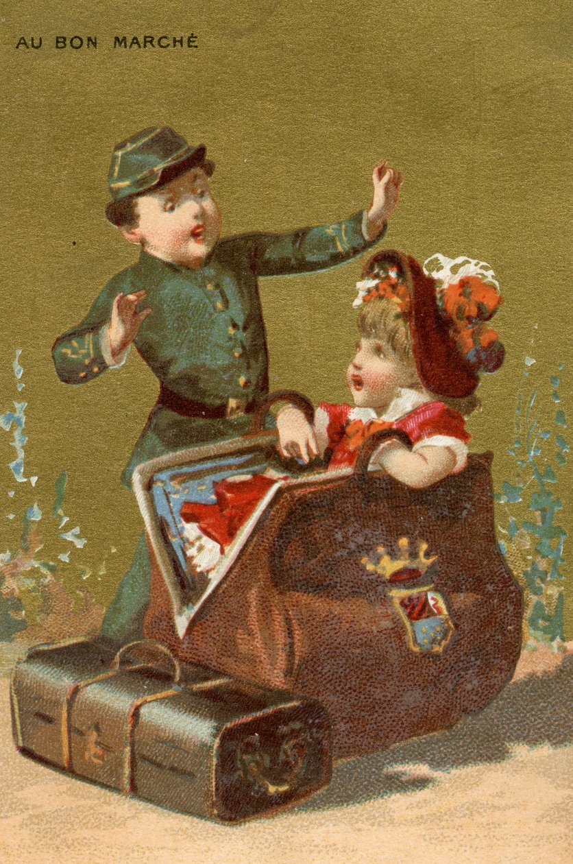 Een verrassing in de bagage, uit een serie illustraties van kinderen, geproduceerd als promotiekaarten voor het Bon Marché warenhuis in Parijs, c.1890 door French School